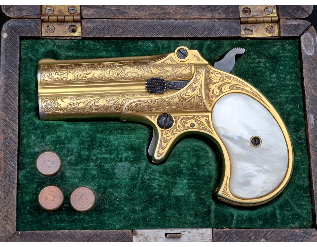 Catalogue Magasin LUXUEUX PISTOLET REMINGTON DOUBLE DERRINGER Gravé Doré en COFFRET Calibre 41RF RIMFIRE - US XIXè {PRODUCT_REF