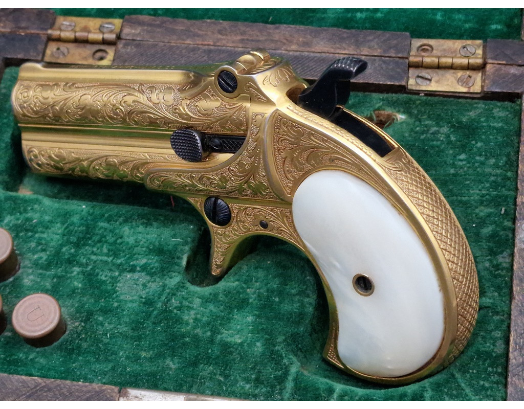 Catalogue Magasin LUXUEUX PISTOLET REMINGTON DOUBLE DERRINGER Gravé Doré en COFFRET Calibre 41RF RIMFIRE - US XIXè {PRODUCT_REF