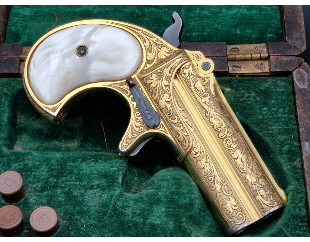 Catalogue Magasin LUXUEUX PISTOLET REMINGTON DOUBLE DERRINGER Gravé Doré en COFFRET Calibre 41RF RIMFIRE - US XIXè {PRODUCT_REF