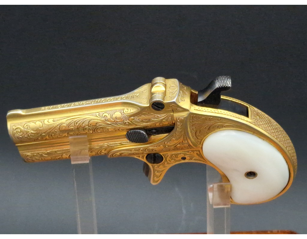 Catalogue Magasin LUXUEUX PISTOLET REMINGTON DOUBLE DERRINGER Gravé Doré en COFFRET Calibre 41RF RIMFIRE - US XIXè {PRODUCT_REF