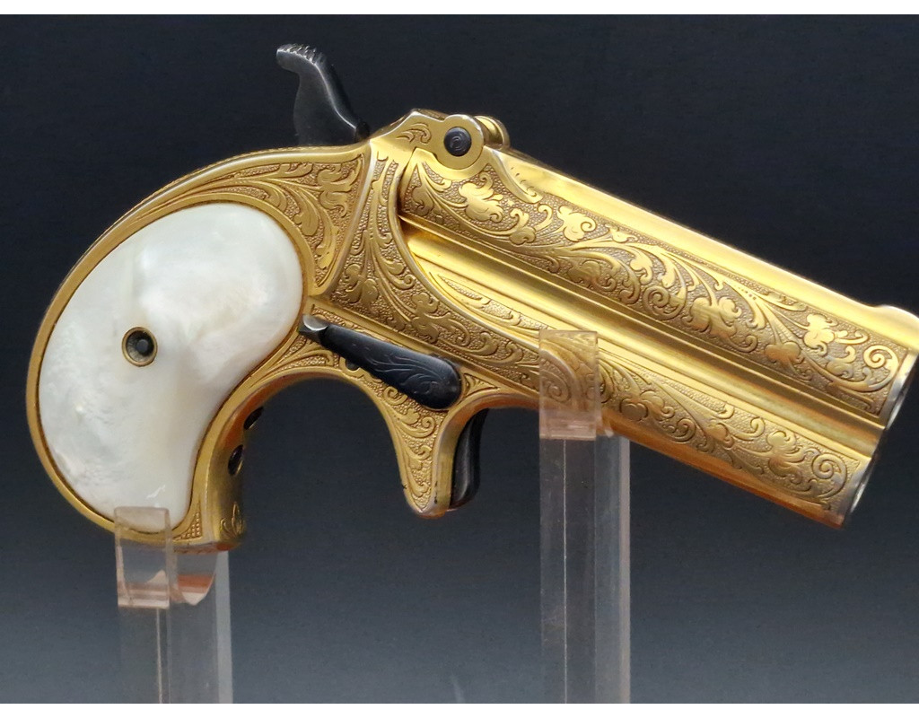Catalogue Magasin LUXUEUX PISTOLET REMINGTON DOUBLE DERRINGER Gravé Doré en COFFRET Calibre 41RF RIMFIRE - US XIXè {PRODUCT_REF