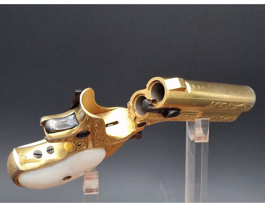 Catalogue Magasin LUXUEUX PISTOLET REMINGTON DOUBLE DERRINGER Gravé Doré en COFFRET Calibre 41RF RIMFIRE - US XIXè {PRODUCT_REF