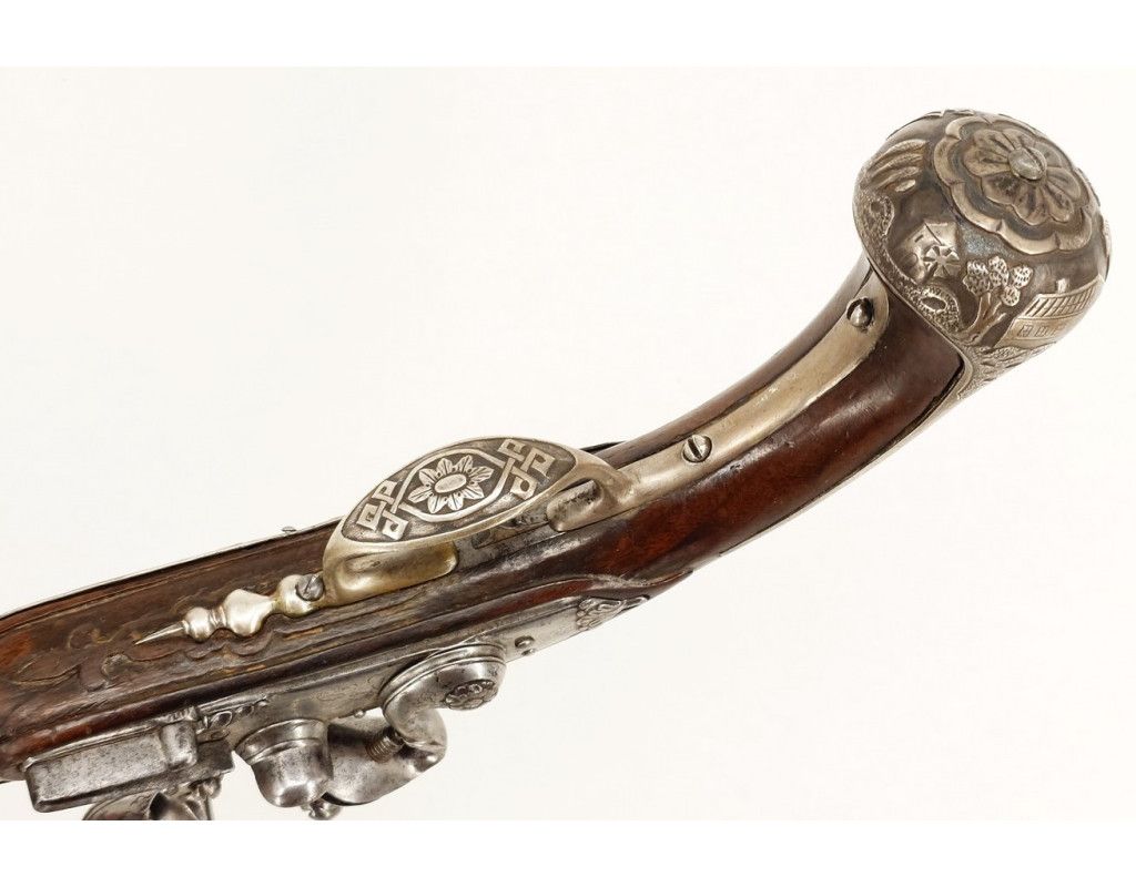 Armes de Poing LONG PISTOLET À SILEX ITALIEN 18è SIGNÉ BERNARDINO POUR L'EXPORT - MONTURES en ARGENT 406-90-1 - 7
