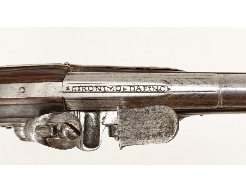 Armes de Poing LONG PISTOLET À SILEX ITALIEN 18è SIGNÉ BERNARDINO POUR L'EXPORT - MONTURES en ARGENT 406-90-1 - 9