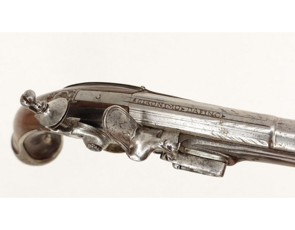 Armes de Poing LONG PISTOLET À SILEX ITALIEN 18è SIGNÉ BERNARDINO POUR L'EXPORT - MONTURES en ARGENT 406-90-1 - 14