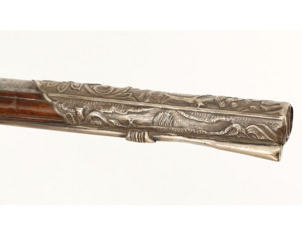 Armes de Poing LONG PISTOLET À SILEX ITALIEN 18è SIGNÉ BERNARDINO POUR L'EXPORT - MONTURES en ARGENT 406-90-1 - 15