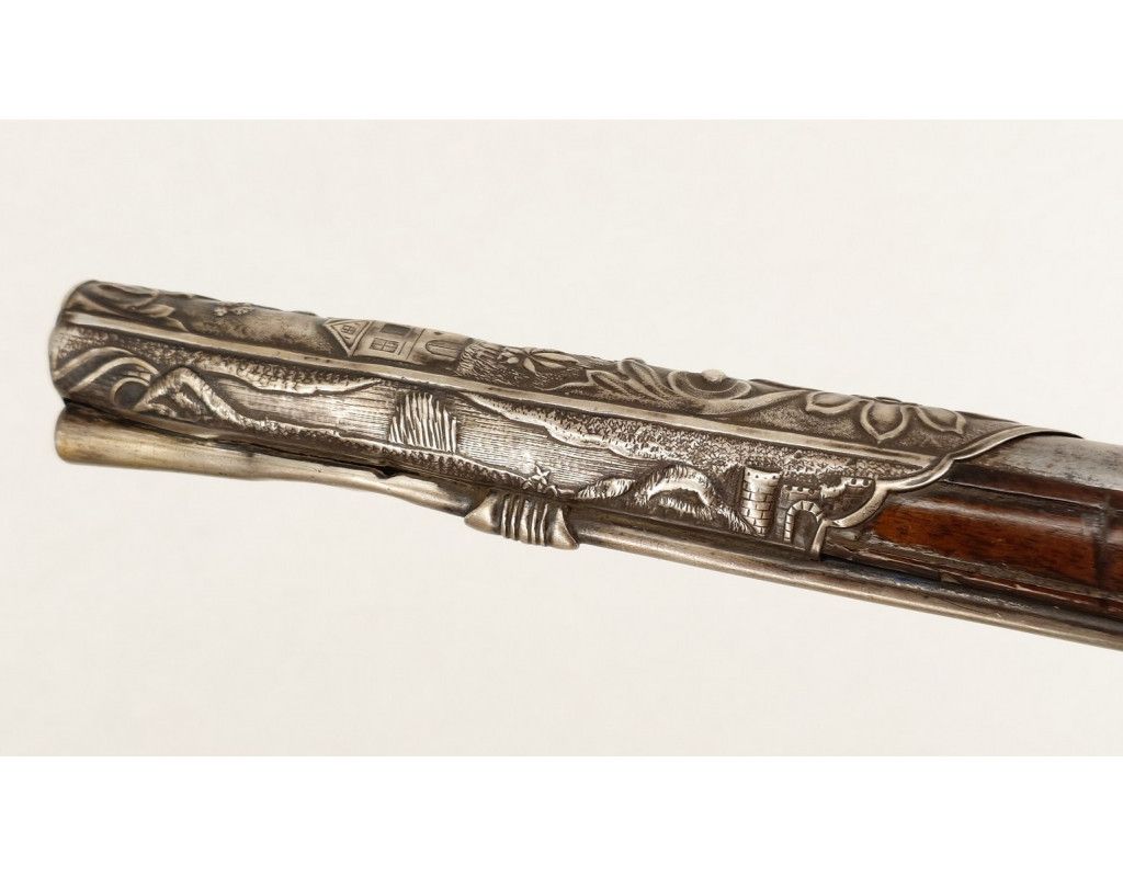 Armes de Poing LONG PISTOLET À SILEX ITALIEN 18è SIGNÉ BERNARDINO POUR L'EXPORT - MONTURES en ARGENT 406-90-1 - 12