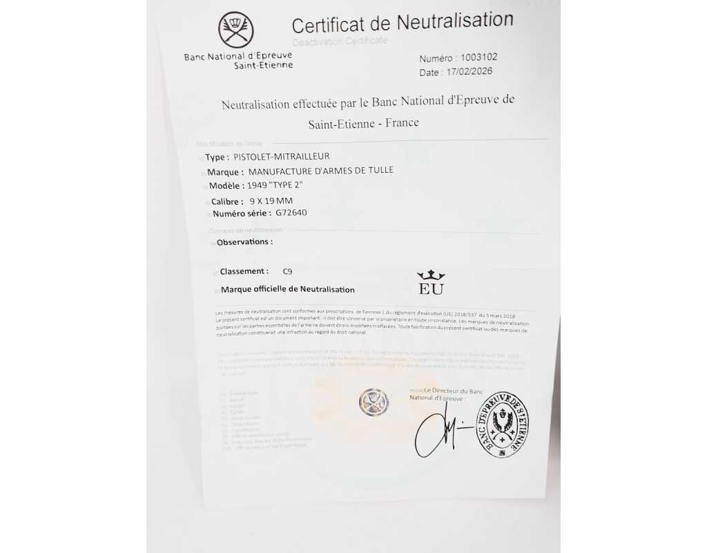 Armes Neutralisées PISTOLET MITRAILLEUR MAT49 PM FRANCE MAT 49 9MM NEUTRALISATION UE 2026 CULASSE MOBILE 2622-17-1 - 2