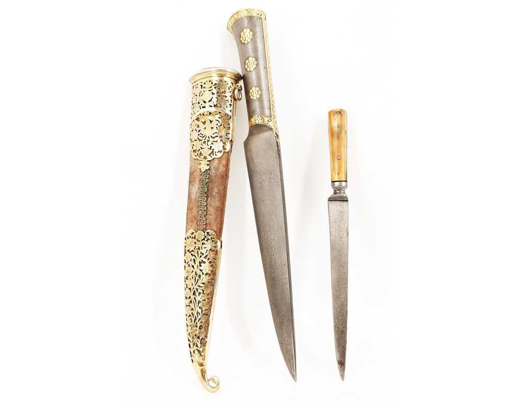 Armes Blanches POIGNARD TURQUIE OTTOMANE OU IRAN QAJAR XIXè DAMAS WOOTZ PERSAN ET KOFTGARI EN OR 135302.2 - 2