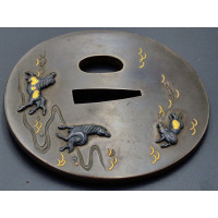 Art du Japon TSUBA MARU GATA EN SHUIBUICHI 4 CHEVAUX GALOPANT SIGNE YANAGAWA NAOMASA JAPON EDO Début XIXè {PRODUCT_REFERENCE} - 