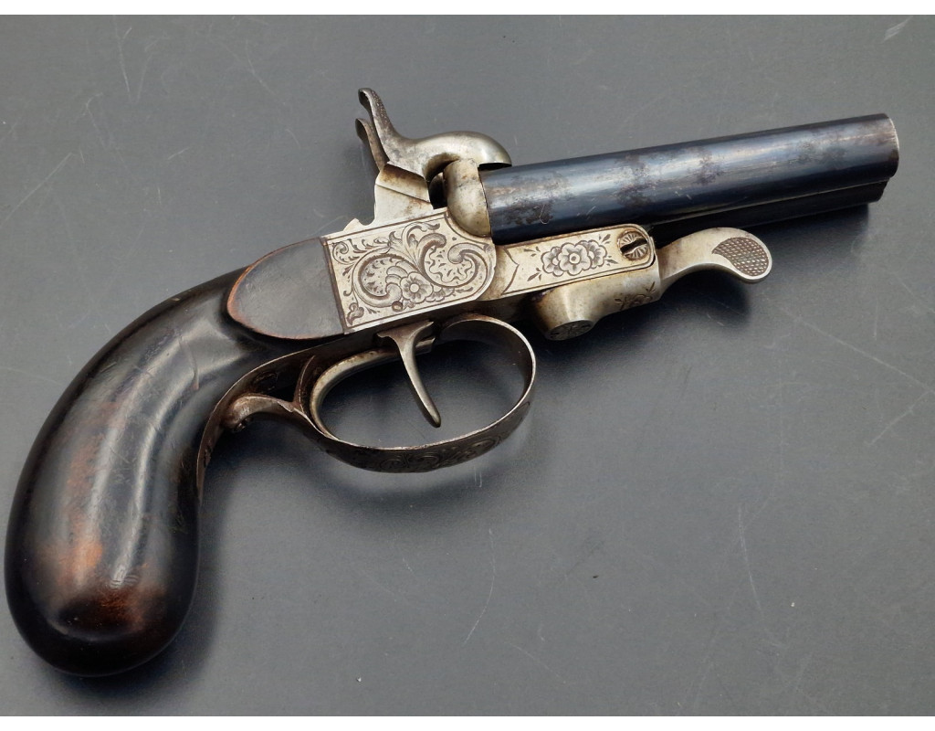 Armes de Poing PISTOLET de GAUCHER  CANONS JUXATPOSES Calibre 12mm à BROCHE par TERRASSE à SAINT ETIENNE 1830-1860 - FRANCE XIXè