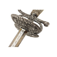 Armes Blanches FINE ET RICHE ÉPÉE À LA MOUQUETAIRE EN FER LAME GRAVÉE DEVISE RECTE FACIENDO NEMINEM TIMEAS  - FRANCE FIN DU XVII
