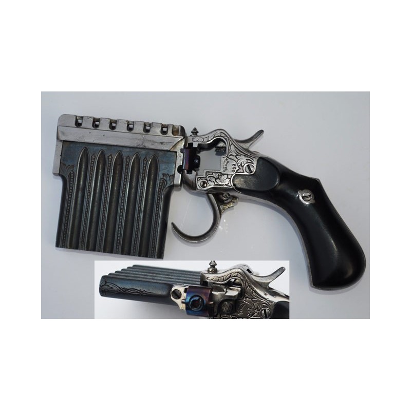 PISTOLET A REPITITION JARRE 6 CANONS DIT HARMONICA Cal 8mm Broche - FR XIXè PISTOLET A REPITITION JARRE 6 CANONS DIT HARMONICA Cal 8mm Broche - FR XIXè