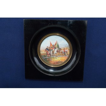 MINIATURE RONDE  PEINTURE NAPOLEON scène de BATAILLE XIXè